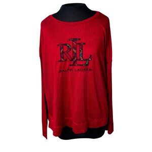 Lauren Ralph Lauren Red Long Sleeve Womens Top With Plaid RLL Logo Size XL